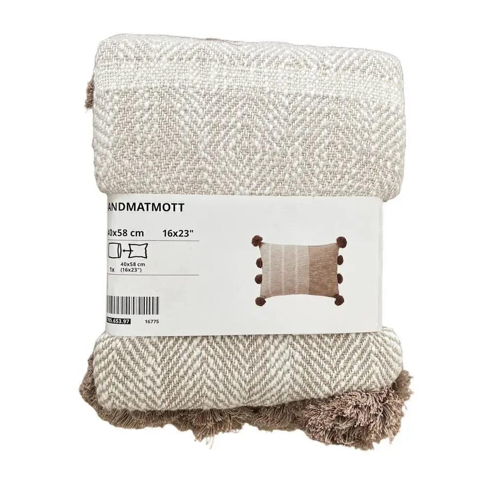 IKEA ANDMATMOTT Natural Herringbone Pillow Cover with Pompoms